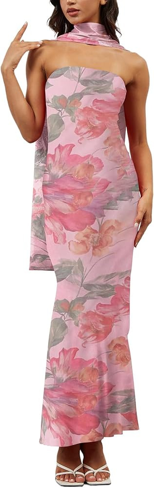 Women Floral Tube Maxi Dress with Scarf Y2K Strapless Bodycon Summer Party Long Dress Vacation Ha... | Amazon (US)