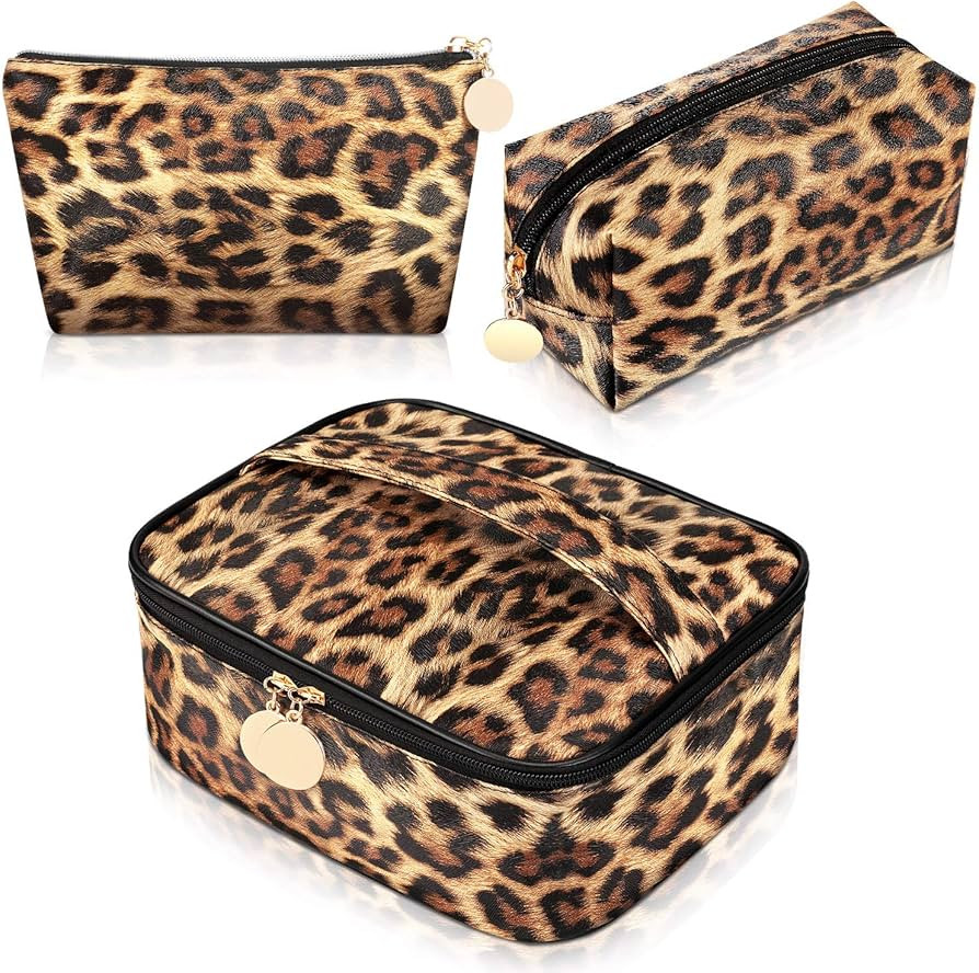 3 Pieces Leopard Print Cosmetic Bag Set Cheetah Toiletry Travel Makeup Bag Portable Makeup Pouch ... | Amazon (US)