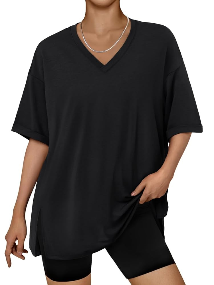 Trendy Queen Oversized Tshirts for Women Workout Plus Size Tops V Neck Short Sleeve Gym Shirts Ca... | Amazon (US)