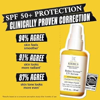 Kiehl's Better Screen UV Serum SPF 50+, Invisible Facial Sunscreen with Collagen Peptide, UV Filt... | Amazon (US)