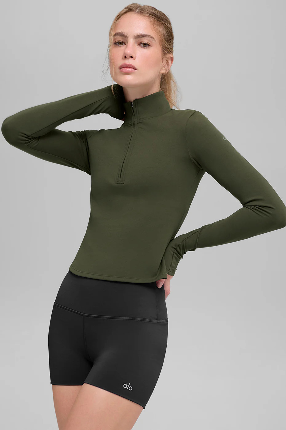 ALO Softsculpt Precision 1/4 Zip Long Sleeve Top in Green Olive, Size: Small | Alo Yoga