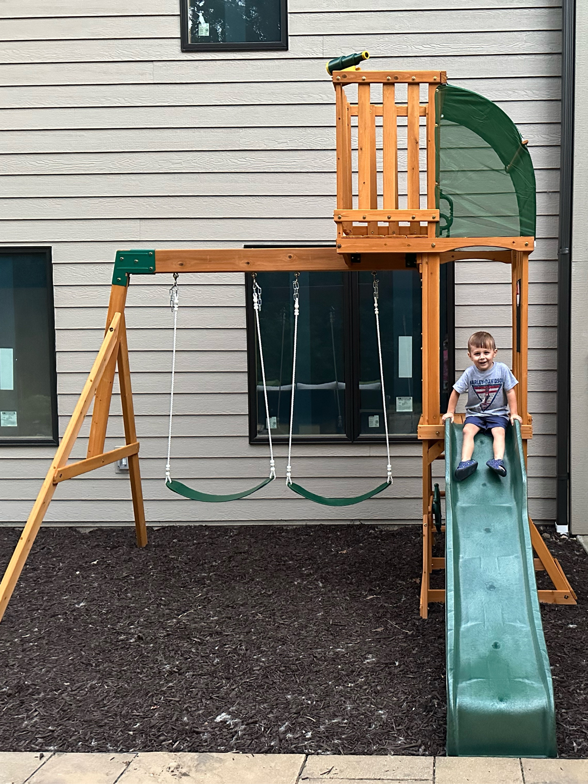 The perfect swing set for a small area! Still fits a slide, crows nest, and two swings! Also it was delivered in TWO DAYS!

**This is just under a 10x10 square of mulch for size reference

#LTKfamily #LTKkids #LTKhome