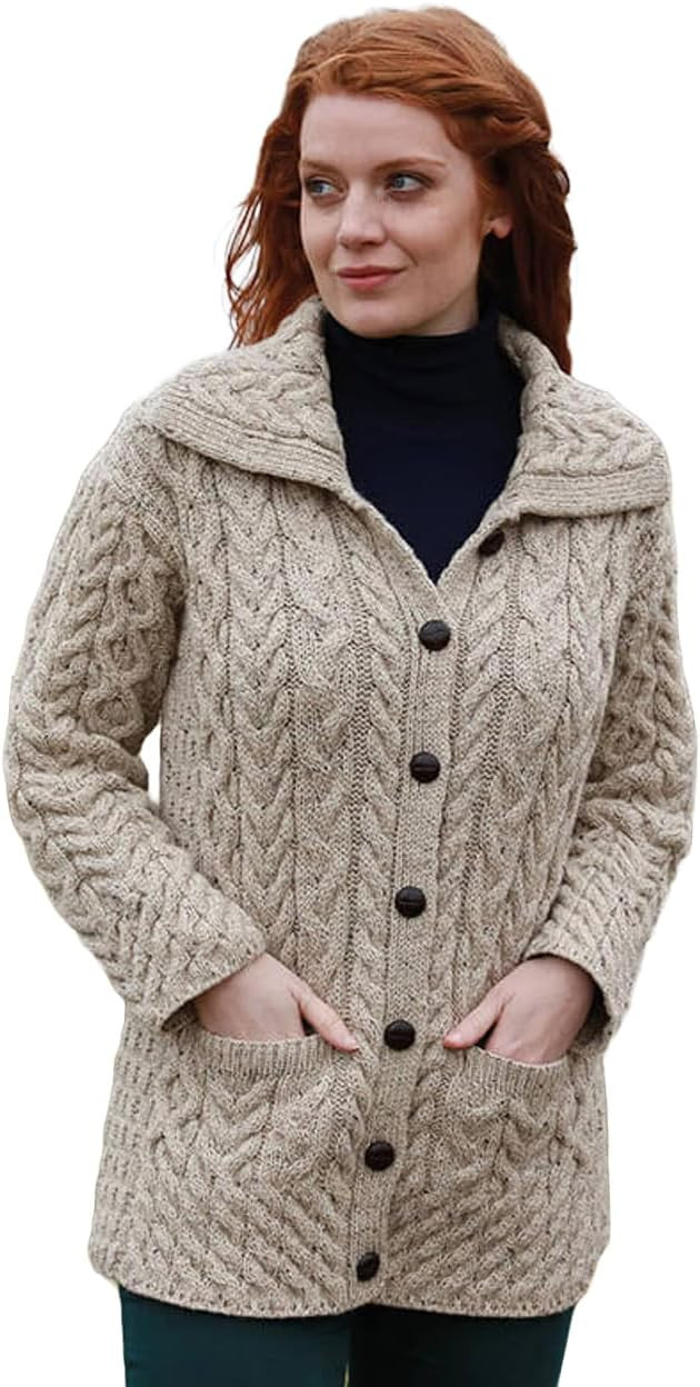 Irish Aran Knit Cardigan for Women 100% Pure New Wool Long Sweater Made in Ireland | Amazon (US)