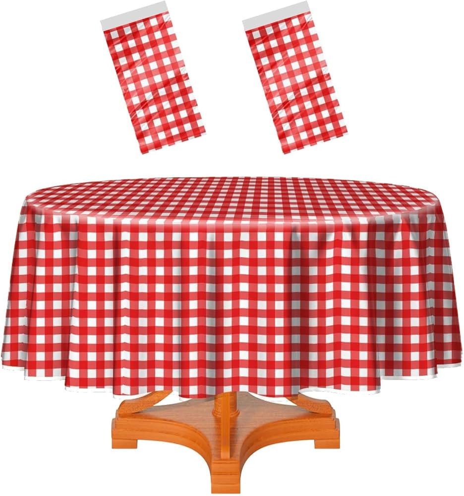 HEIPINIUYE 2 Pack Red and White Round Checkered Tablecloth 84 ×84 Red Plaid Table Cover Disposab... | Amazon (US)