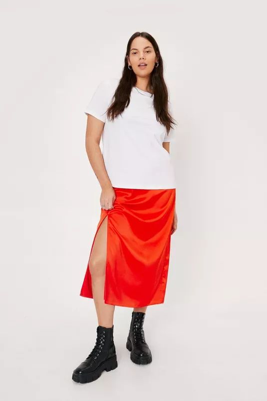 Plus Size Split Front Satin Midi Skirt | Nasty Gal (US)