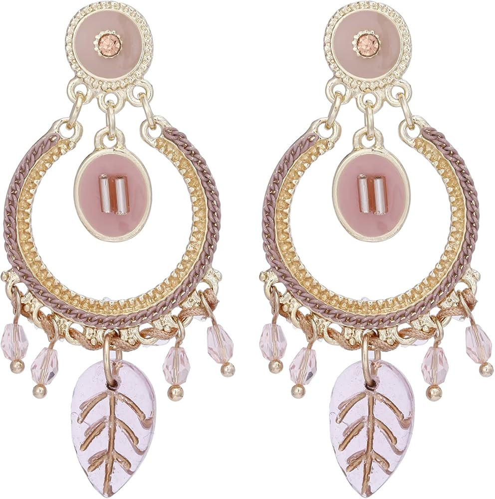 lureme Boho Earrings for Women, Geometric Round Earrings Fan Shaped Statement Earrings Leaf Earrings | Amazon (US)