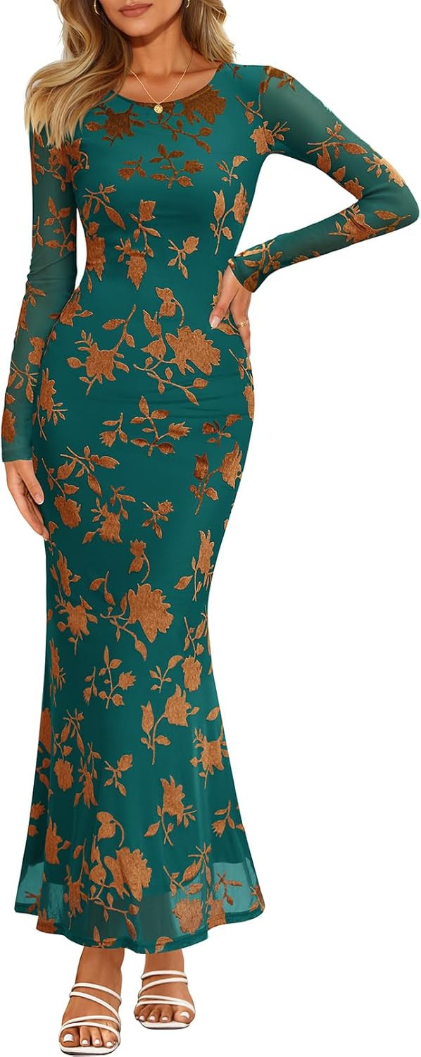 MEROKEETY Women's Fall Formal Wedding Guest Dress Long Sleeve Maxi Bodycon Floral Mesh Winter Coc... | Amazon (US)