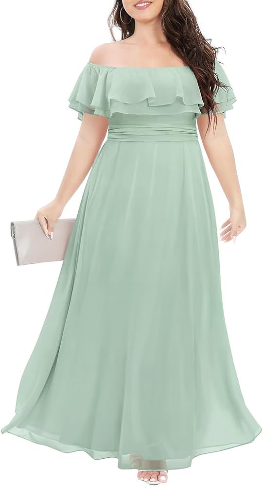 Pinup Fashion Women's Plus Size Off Shoulder Chiffon Ruffle Formal Party Beach Maxi Dress | Amazon (US)
