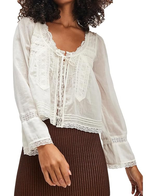 Women Tie Front Long Sleeve Top Lace Trim Button Shirt Square Neck Loose Blouse Going Out Y2k Coq... | Amazon (US)
