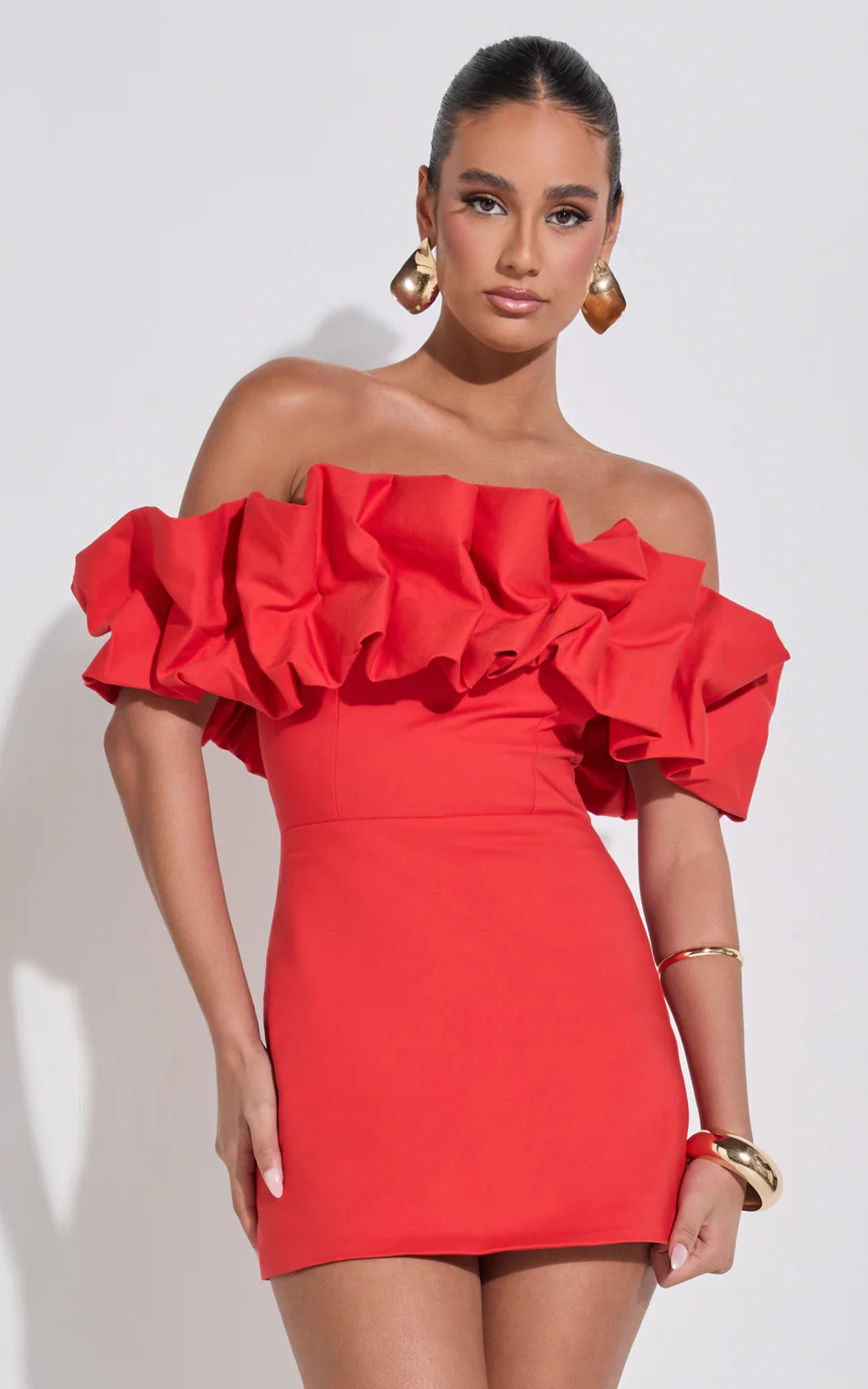 Coraline Mini Dress - Ruffle Off Shoulder Fitted Dress in Red | Showpo (US, UK & Europe)