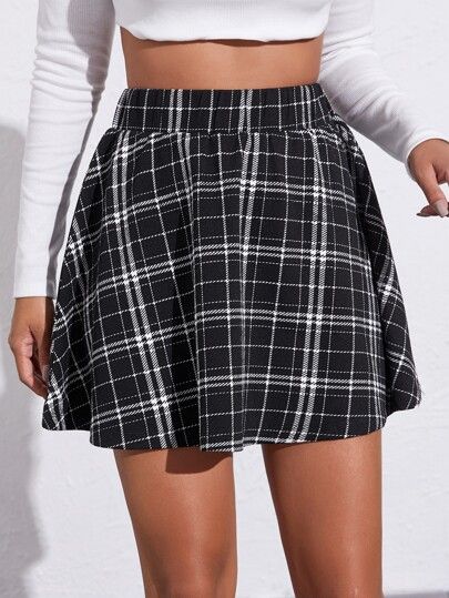 SHEIN Elastic Waist Skater Plaid Skirt | SHEIN