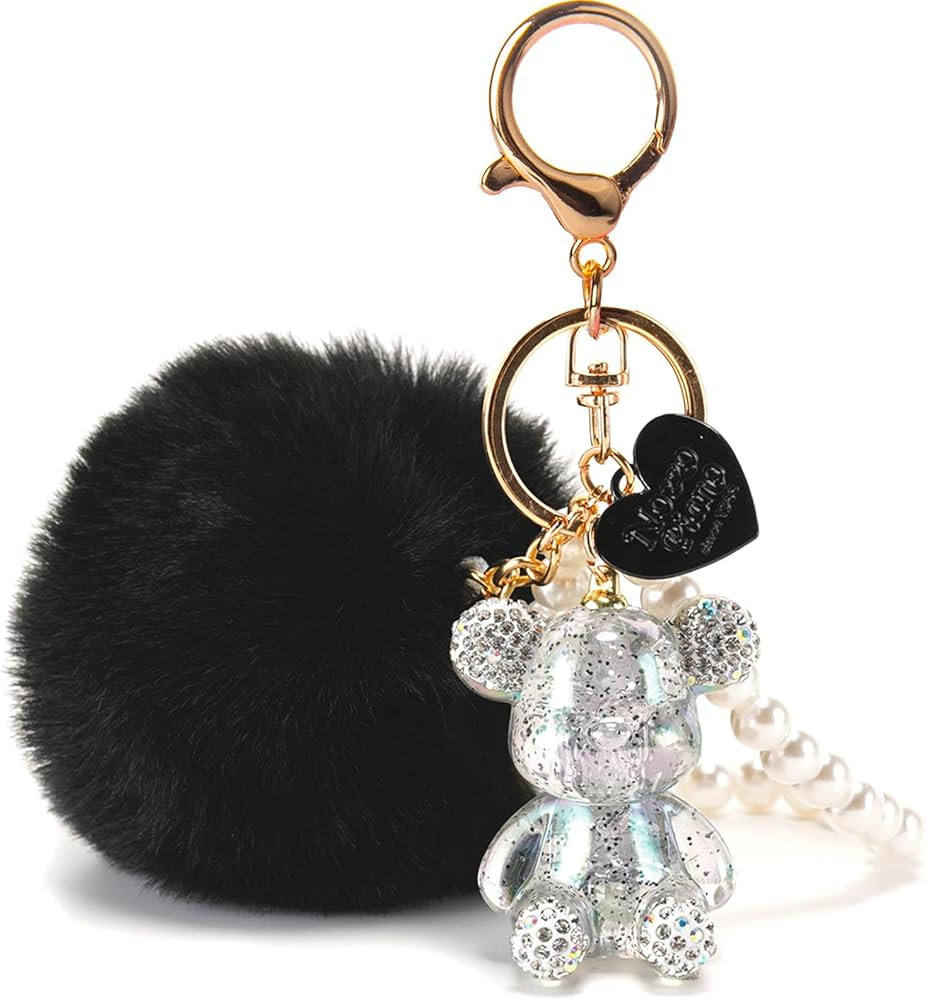 YOU WIZV Kawaii Cute Bear Keychain for Women, Bling Gummy Teddy Bear Pom Pom Key Chain Girly Wris... | Amazon (US)