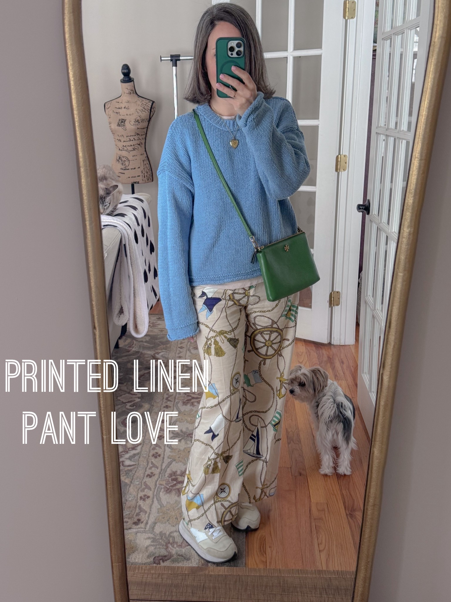 Comfortable early spring outfit! Blue sweater and pants from Anthropologie, New Balance sneakers and Tory Burch green cross body bag. 

#LTKSeasonal #LTKPetite #LTKOver40