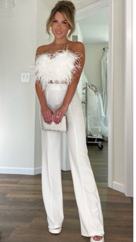 Feather top, white outfit, bridal, bride, jumpsuit, bride to be, engagement, rehearsal, 

#LTKwedding #LTKstyletip #LTKFind