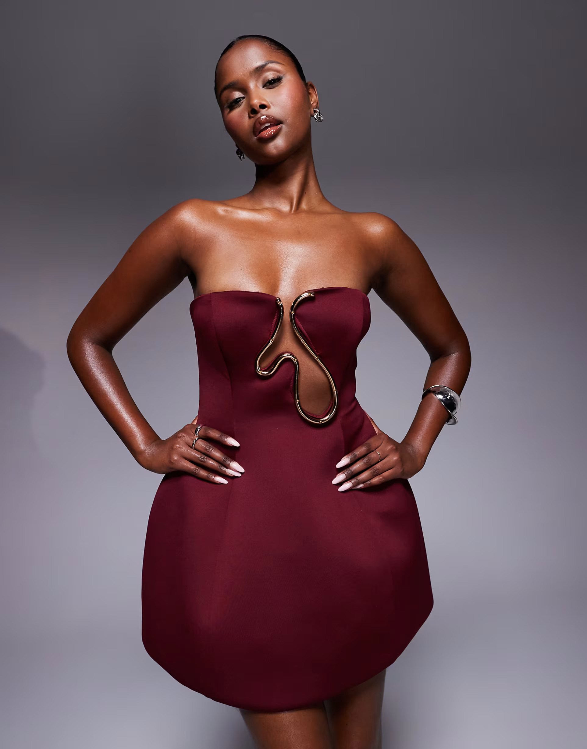 ASOS DESIGN Premium strapless sculpted mini dress with gold-tone trim in dark cherry | ASOS (Global)