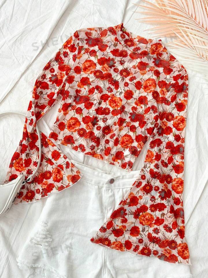 SHEIN WYWH Floral Printed Flare Sleeve Top With Ruffle Hem | SHEIN