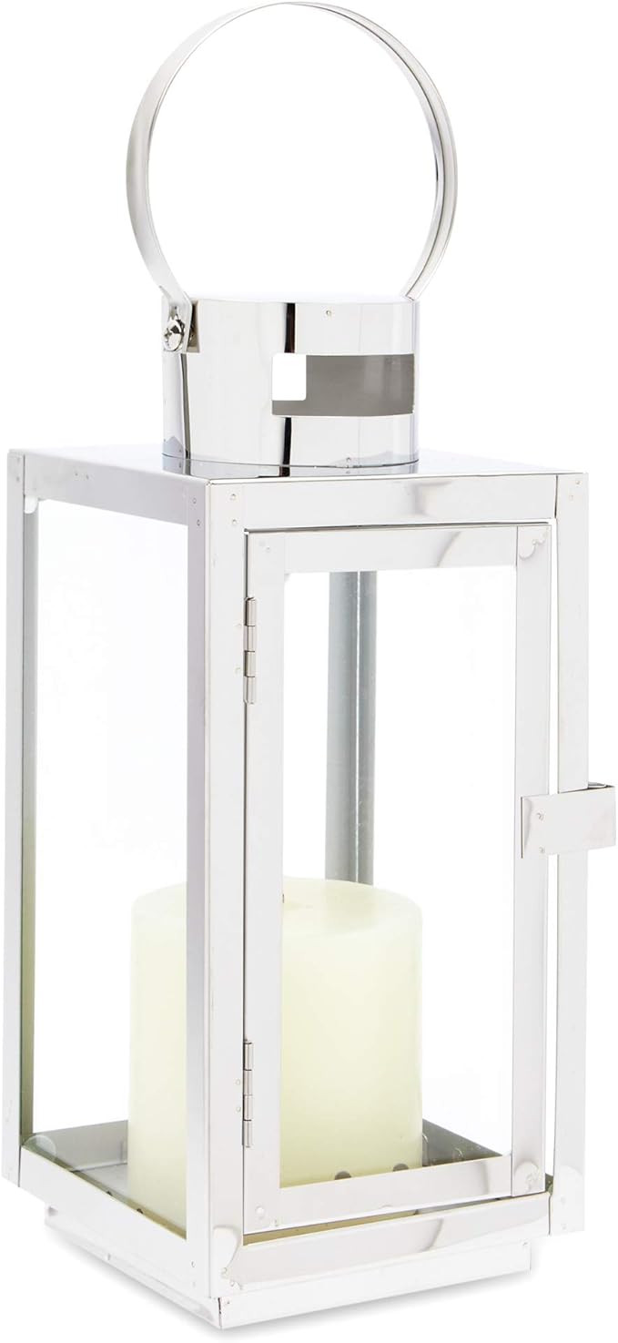 Juvale Lantern Candle Holder, Silver and Glass for Tealights, Pillar, Votive (10 Inches) | Amazon (US)