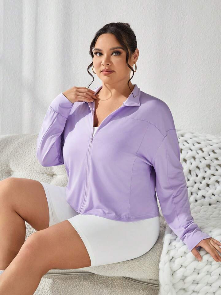 SHEIN Sport Studio Plus Size Solid Color Loose Fit Zippered Jacket With Long Sleeves | SHEIN
