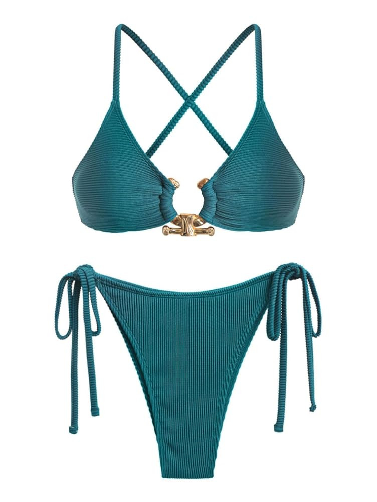 ZAFUL Women's Sexy Cutout Bikini Set High Cut Textured Metal Ring Cheeky Swimsuit Two Piece Bathi... | Amazon (US)