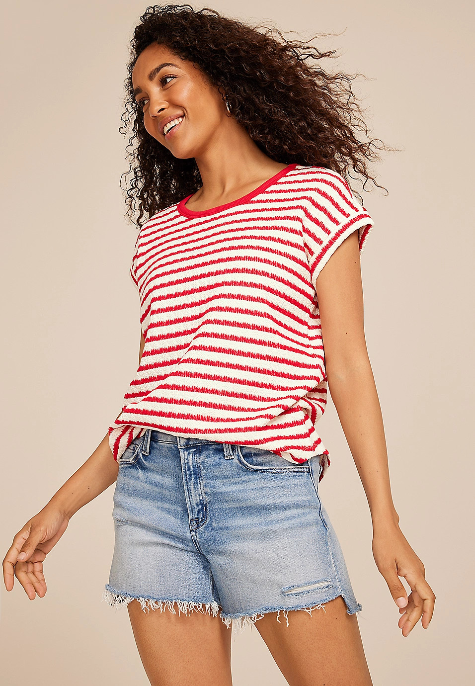 24/7 Clara Jacquard Striped Short Sleeve Tee | Maurices