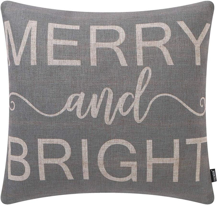 TRENDIN Christmas Farmhouse Grey Merry and Bright Throw Pillow Cover 18x18 Inch Cotton Linen Squa... | Amazon (US)