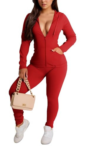 YeGine Women 2 Piece Outfits Long Sleeve Tracksuit Bodycon Matching Sets Hoodie Jacket Jogging Suit Red S | Amazon (US)