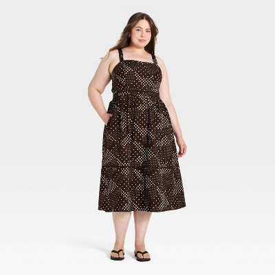 Women's Smocked Poplin Midi Dress - A New Day™ Brown Dot XL | Target