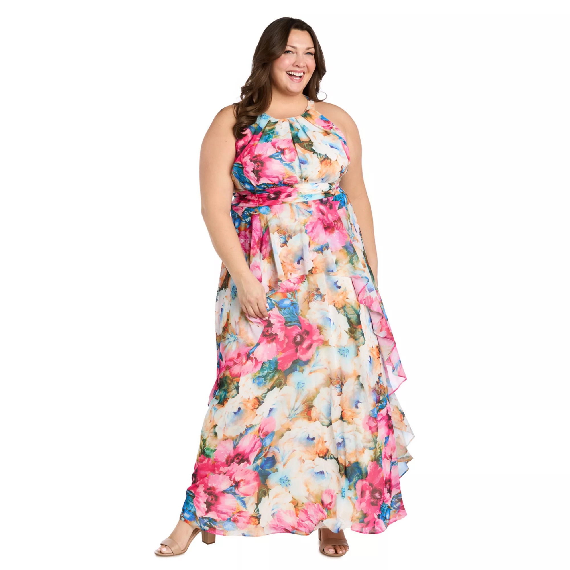 Plus Size R&M Richards Sleeveless Halter Dress with Inverted Ruffles, Women's, Size: 18 W, Pink | Kohl's