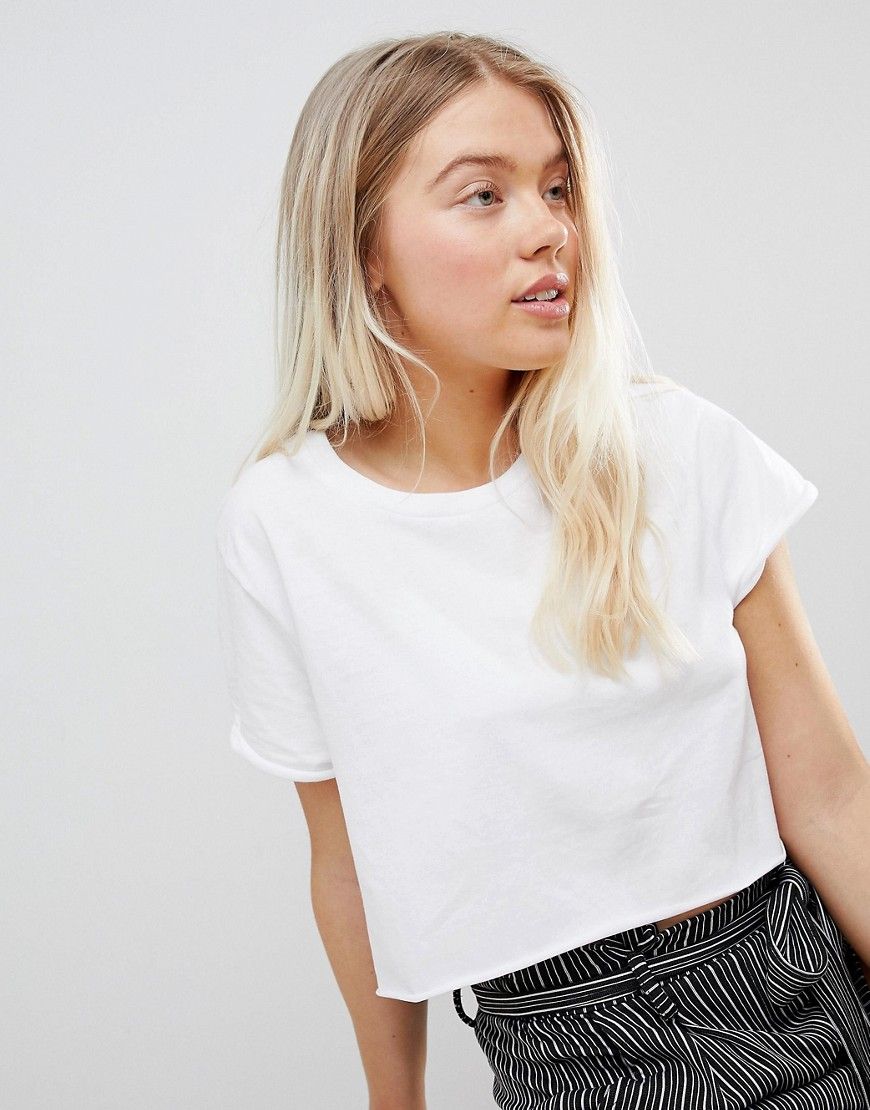 Pull & Bear crop jersey tshirt in white - White | ASOS US