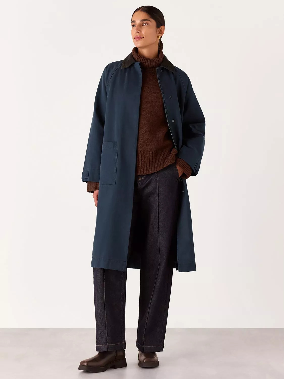 Whistles Gabriella Waxed Long Coat, Navy | John Lewis (UK)