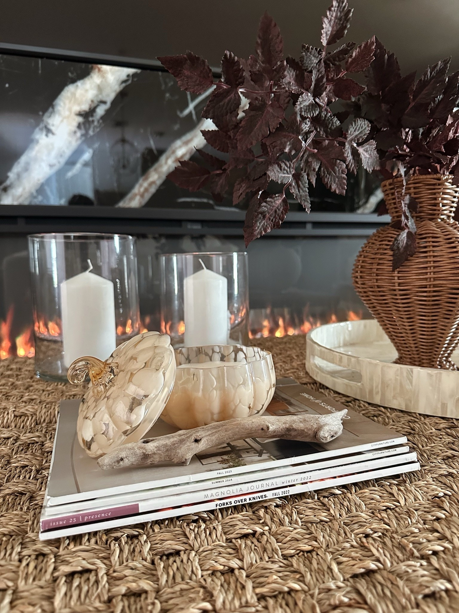 Fall coffee table. This pumpkin jar candle smells so good! 

Cozy home
Fall decor
Snickerdoodle
Walmart fall decor 2026
Plum leaves 
Moody 
Fire
Fireplace
Candles 
Coffee table decor
Living room 
Family room

#LTKSeasonal #LTKHome #LTKSaleAlert