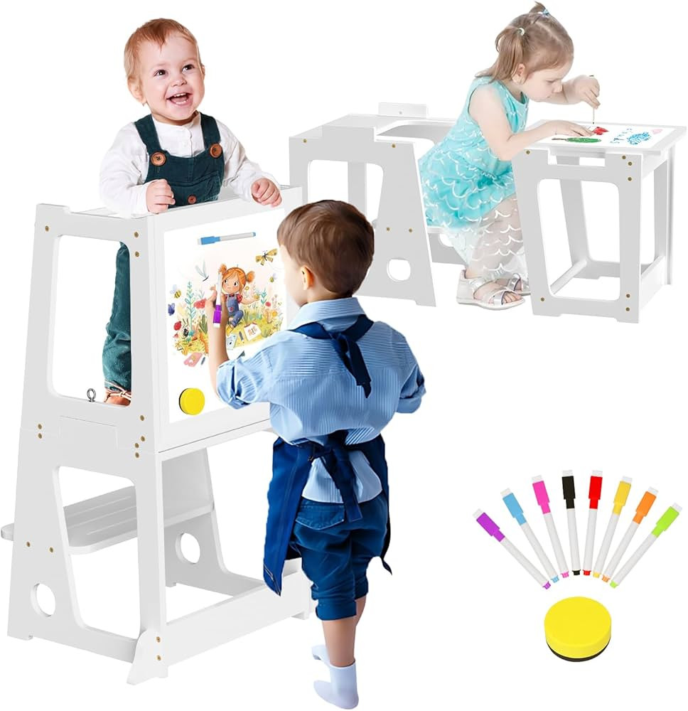 4 in 1 Kitchen Toddler Step Stool, Wood Toddler Tower Helper with Whiteboard and Safety Rail, Ant... | Amazon (CA)