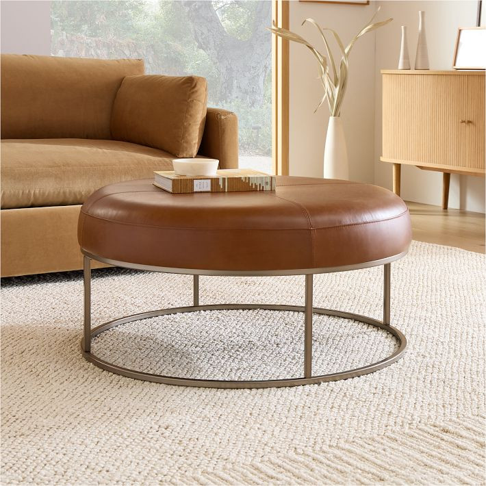 Box Frame Round Leather Ottoman | West Elm (US)