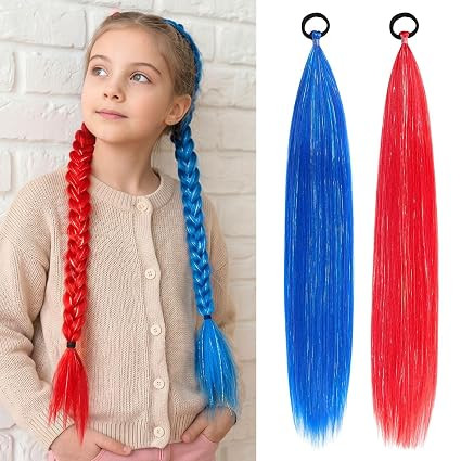 Red and Blue Ponytail Extension for Girls & Women, 2 Pack Braided Hair Extensions with Tinsel, 26... | Amazon (US)