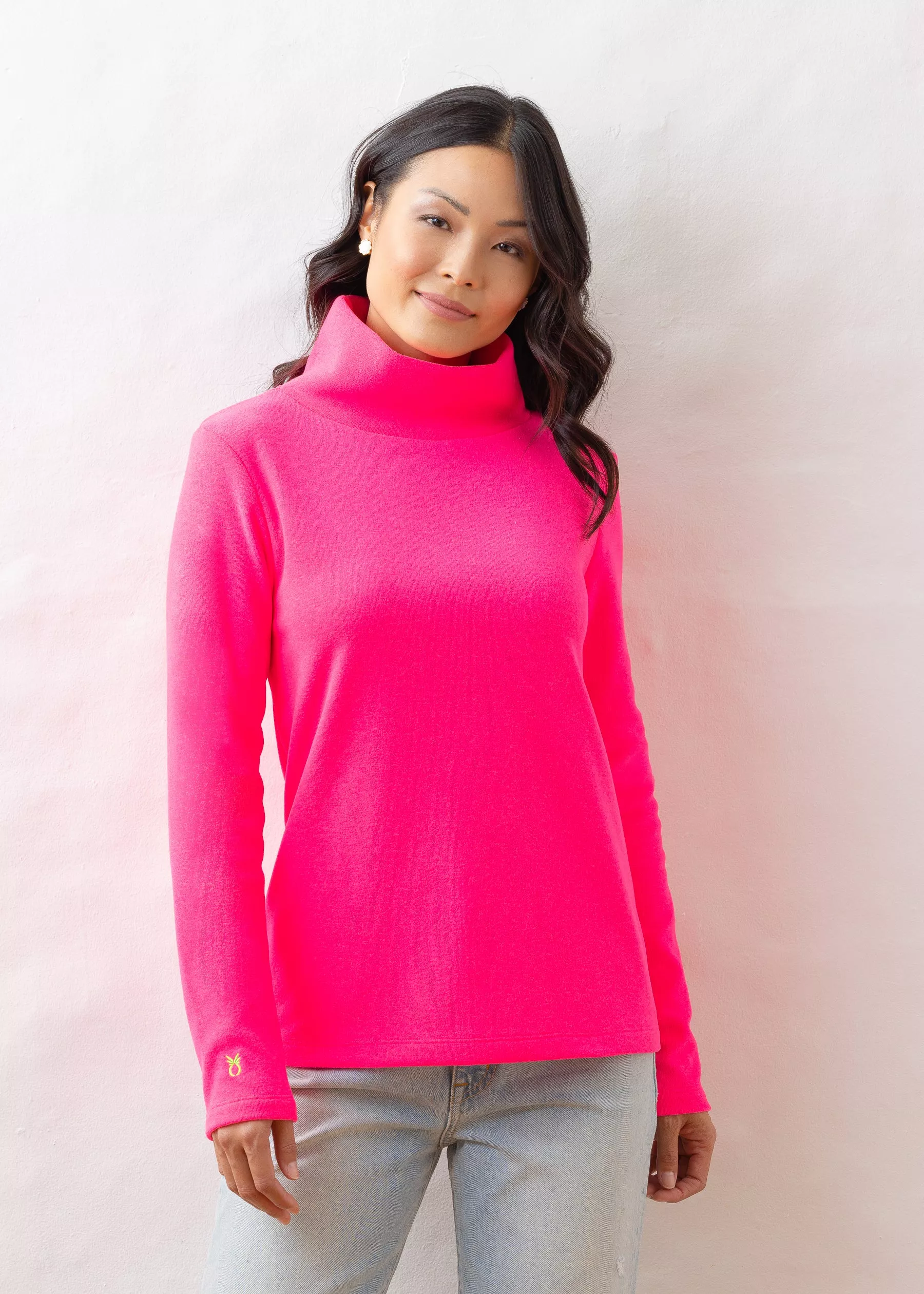 Park Slope Turtleneck in Striped Fleece (Neon Pink / White