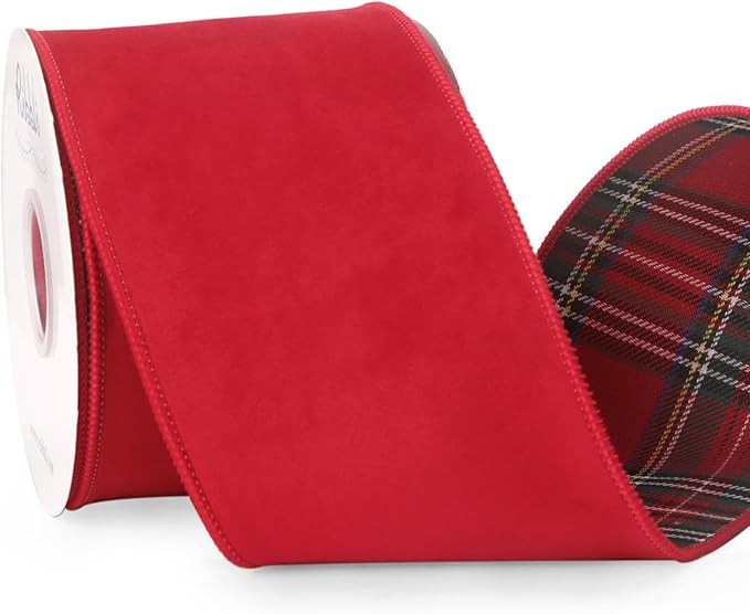 Ribbli Red Velvet Wired Ribbon with Red Tartan Plaid Reversible 4 Inch Christmas Ribbon for Gift ... | Amazon (US)
