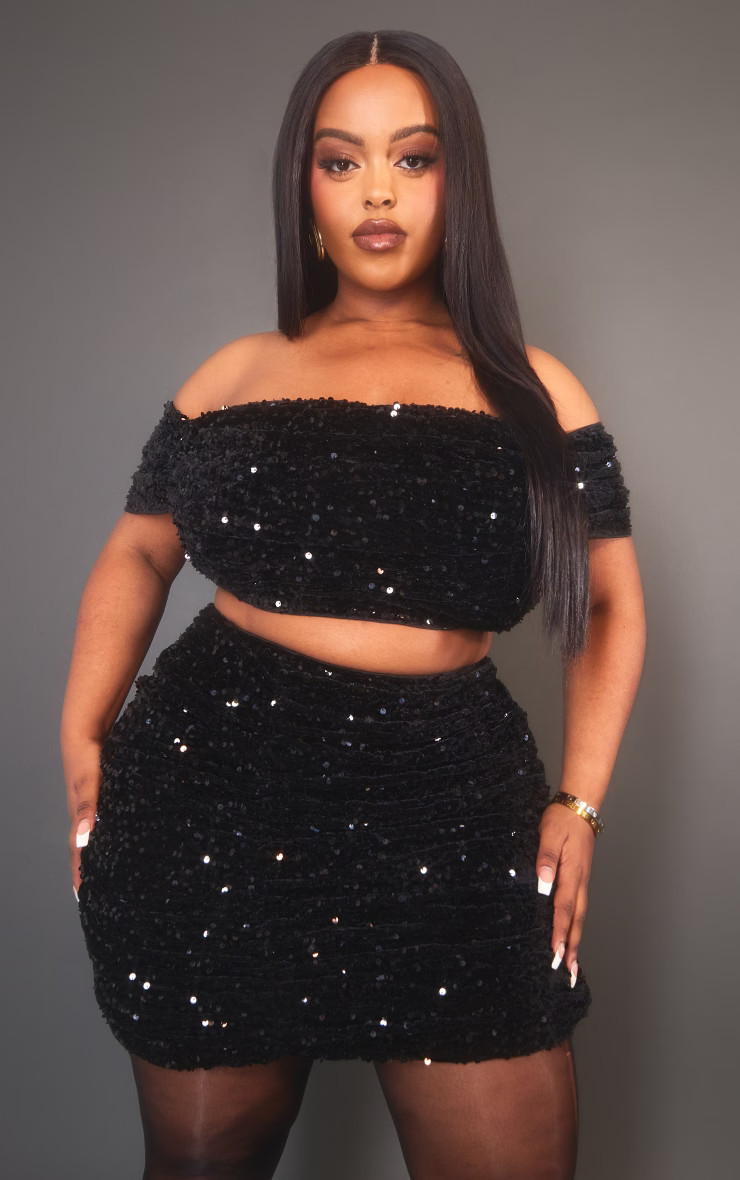 Plus Black Velvet Sequin Bardot Top | PrettyLittleThing US