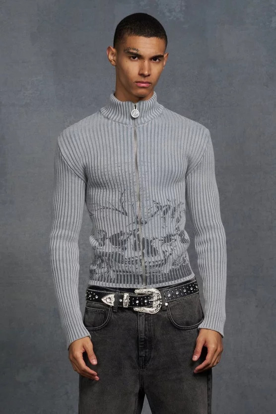 P-Star Muscle Fit Acid Wash Rib Knit Skull Print Jumper | boohooMAN (DE, IE & UK)