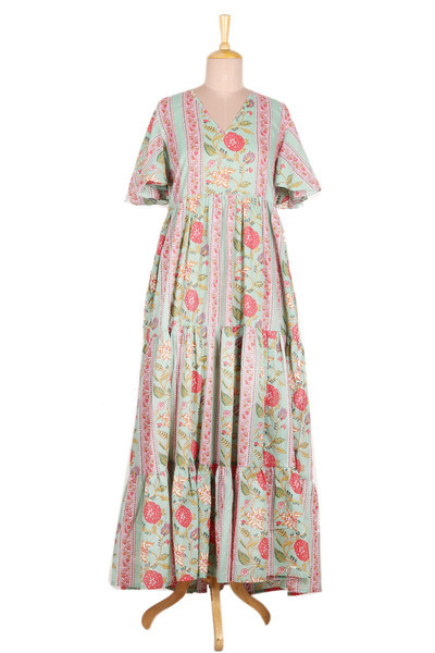 Flutter Sleeve Cotton Maxi Dress from India | NOVICA
