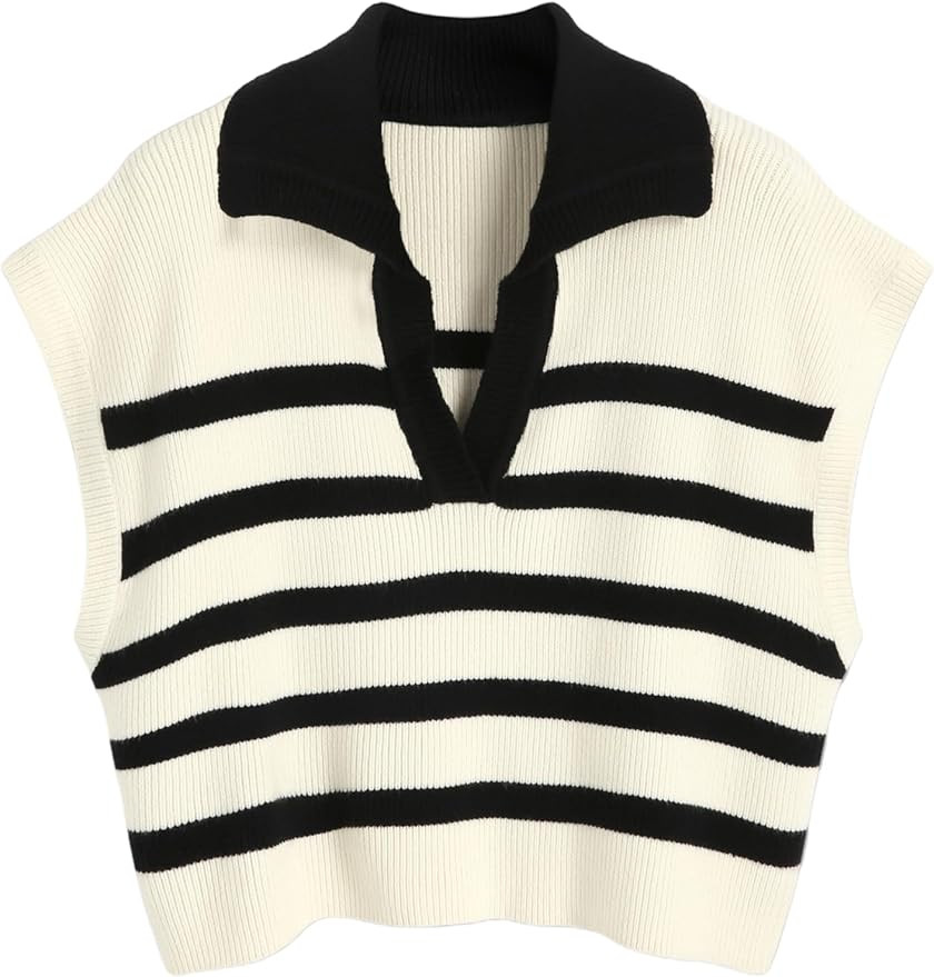 CIDER Vest for Women V Neck Cap Sleeve Striped Sweater Vest Knit Polo Neck Trendy Vest Tops Casua... | Amazon (US)