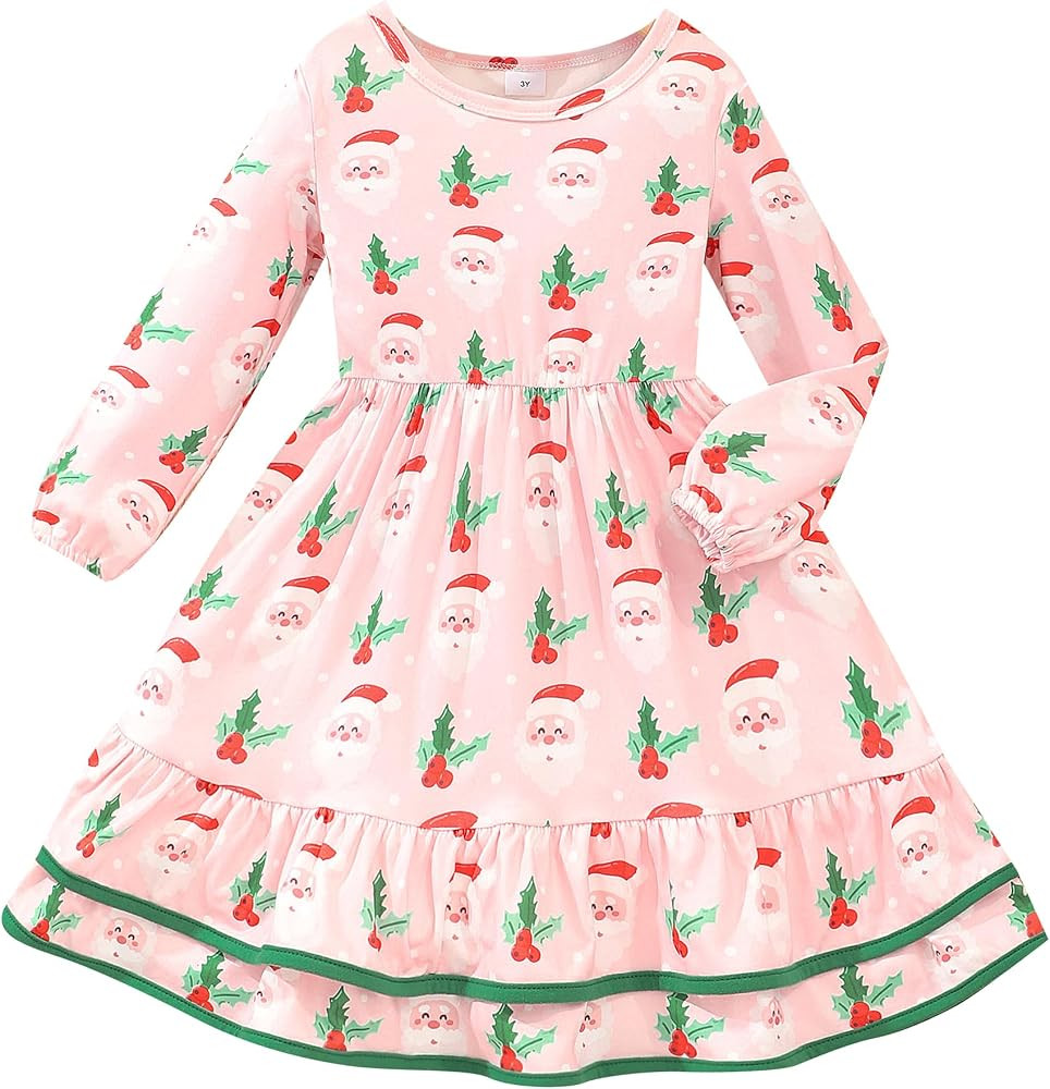 DDSOL Toddler Girl Christmas Dress Little Kid Long Sleeve Dinosaur Santa Swing Ruffle Casual Dres... | Amazon (US)