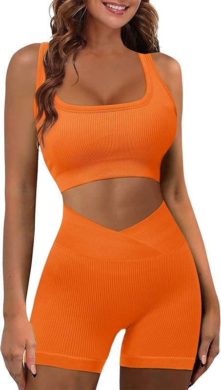 Workout Sets for Women 2 Piece Ribbed Seamless High Waist Shorts Yoga Outfits | Amazon (US)