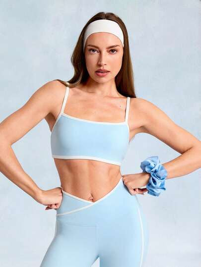 GLOWMODE FeatherFit™ Big Win Removable Cups Contrast Color Trim Sports Bra Low Impact Yoga Stud... | SHEIN
