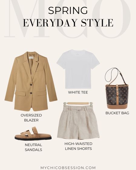 Style a spring outfit like this for the perfect combination of casual and chic. Start with a white tee, paired with linen shorts. Add a blazer on top for an elevated touch. Accessorize with a leather patterned bucket bag and neutral sandals.

#LTKstyletip #LTKSeasonal