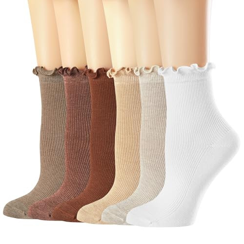 Mcool Mary Women's Ruffle Socks,Crew White Casual Cotton Frilly Sock, Cute Knit,Lettuce Trim,Over Ankle Socks 6 Pack | Amazon (US)