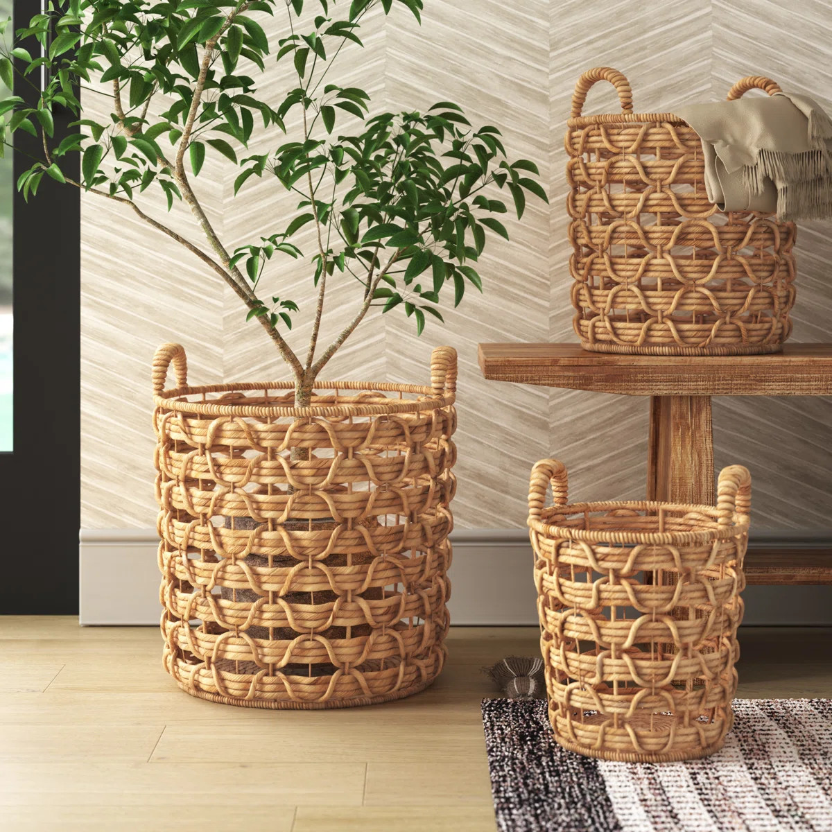 Brown Seagrass Handmade Decorative and Functional Storage Basket with Handles, Set of 3 | Wayfair North America