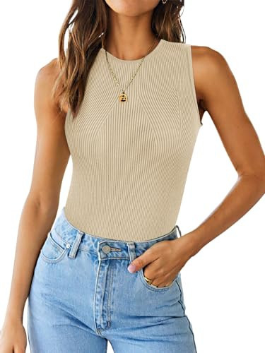 LILLUSORY Knitted Tank Tops for Women 2024 Beige Elegant Business High Neck Sleeveless Basic Shirts Fitted Knit Top | Amazon (US)