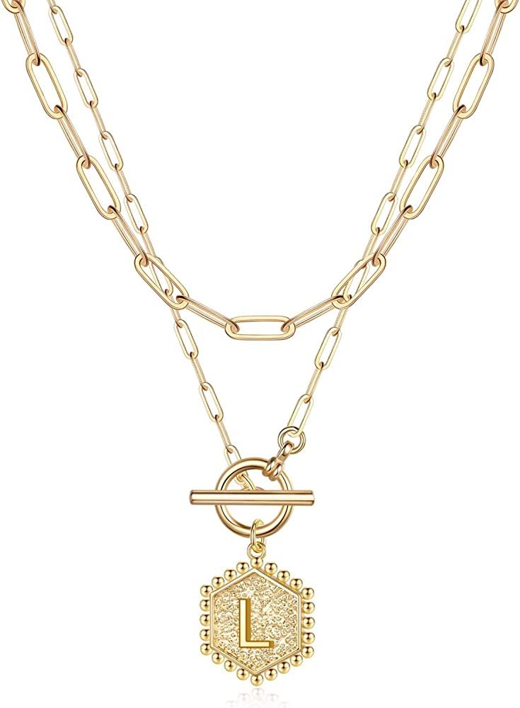 IEFWELL Layered Gold Initial Necklaces for Women, 14K Gold Plated Paperclip Link Chain Necklace Gold | Amazon (US)