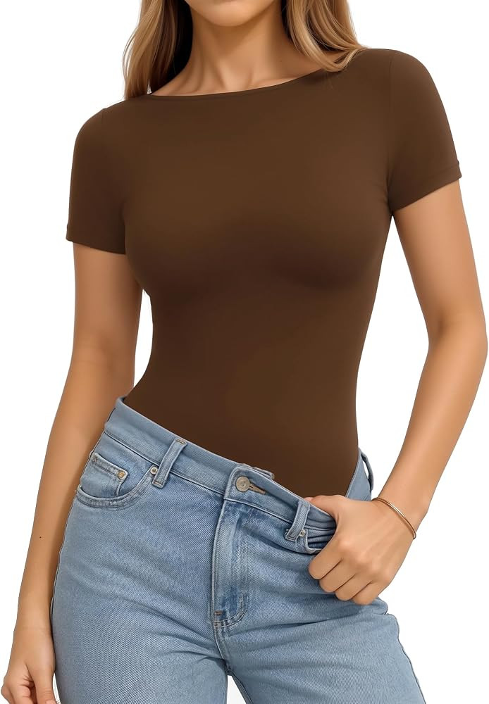 MANGOPOP Short Sleeve Boat Neck Tops for Women Fitted Tight Shirts Summer Y2k Basic Tops 2026 Spr... | Amazon (US)