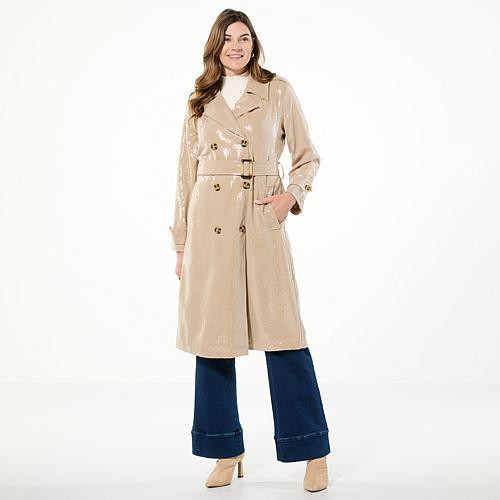 G by Giuliana Black Label Sequined Trench Coat - Tan - Size Medium | HSN